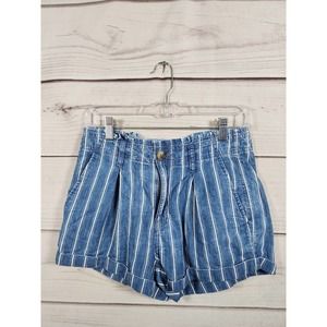 American Eagle Women Blue White Striped Ruffle Cotton‎ Denim Shorts Size 2